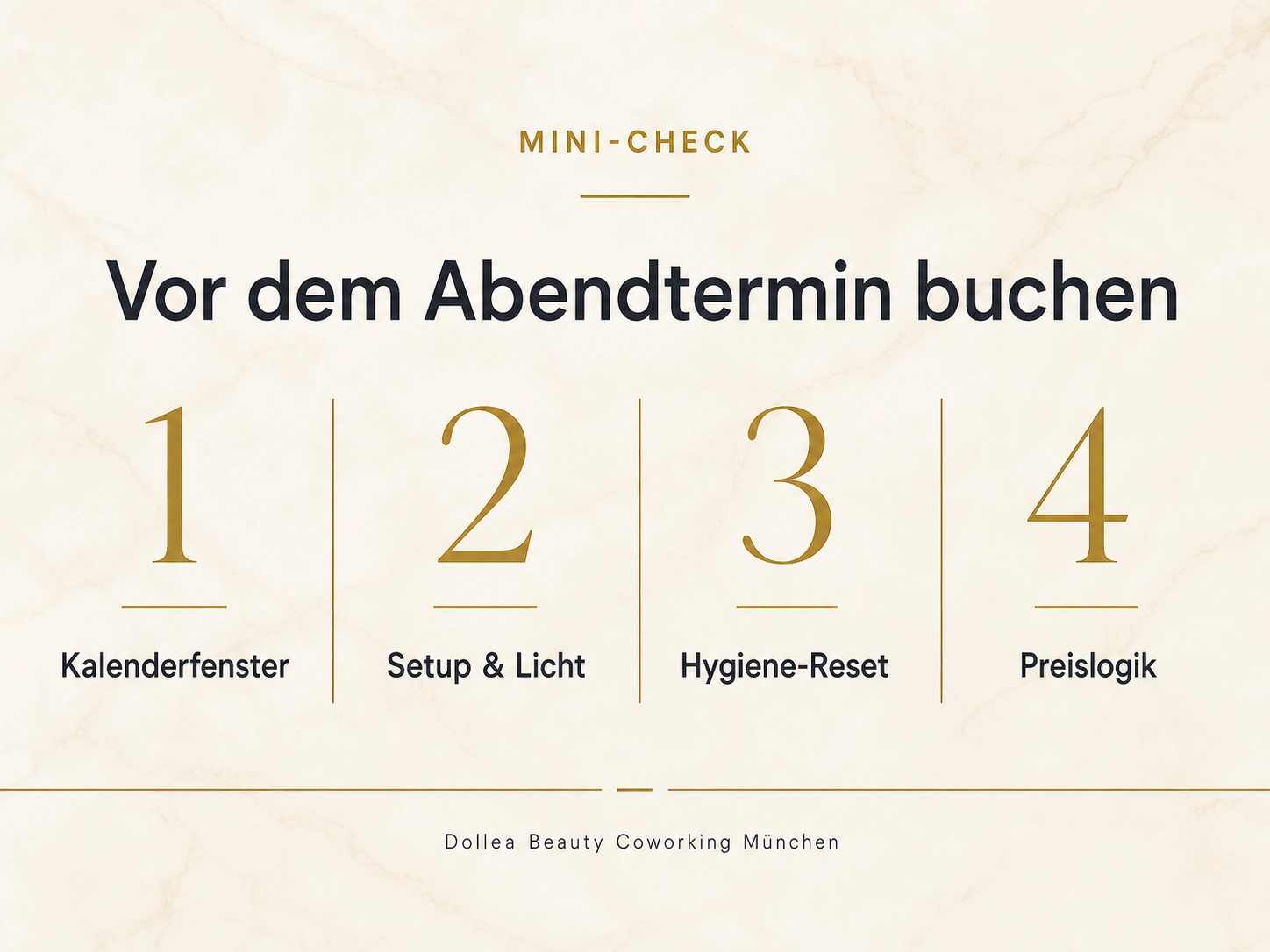 Typografische Mini-Checkliste vor dem Abendtermin mit Kalenderfenster, Setup und Licht, Hygiene-Reset und Preislogik