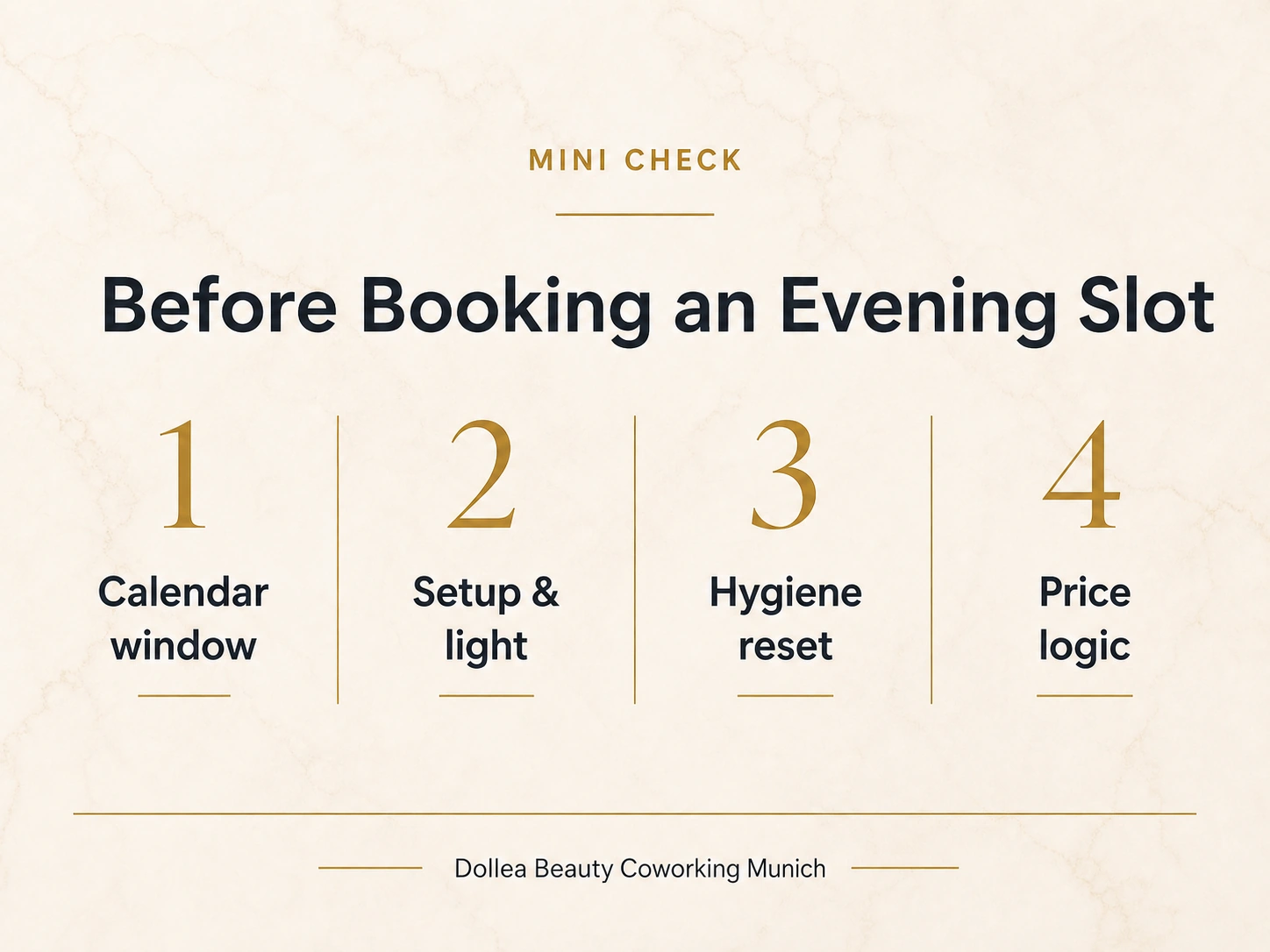 Typographic mini check before booking an evening slot with calendar window, setup and light, hygiene reset and price logic