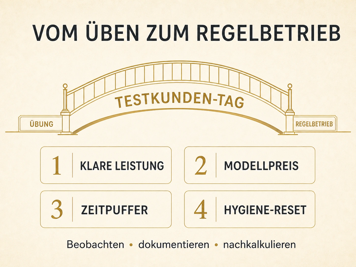 Elegante Brücken-Infografik vom Üben zum Regelbetrieb mit Testkunden-Tag, klarer Leistung, Modellpreis, Zeitpuffer und Hygiene-Reset