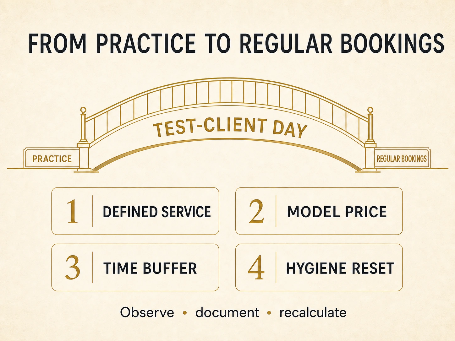 Elegant bridge infographic from practice to regular bookings with a test-client day, defined service, model price, time buffer and hygiene reset