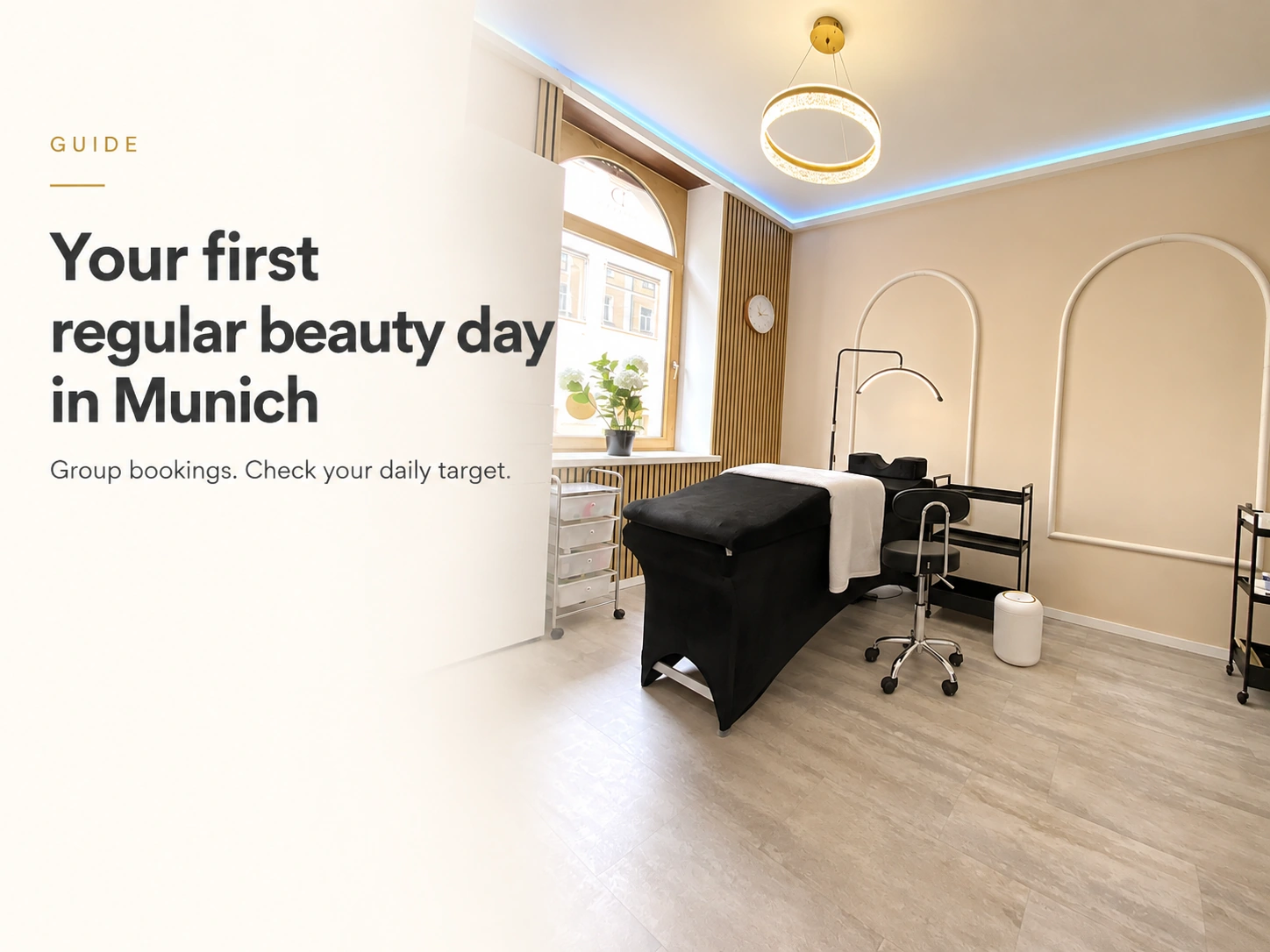 Real Dollea Lash Liege 1 workspace with a black treatment bed and the title Your first regular beauty day in Munich