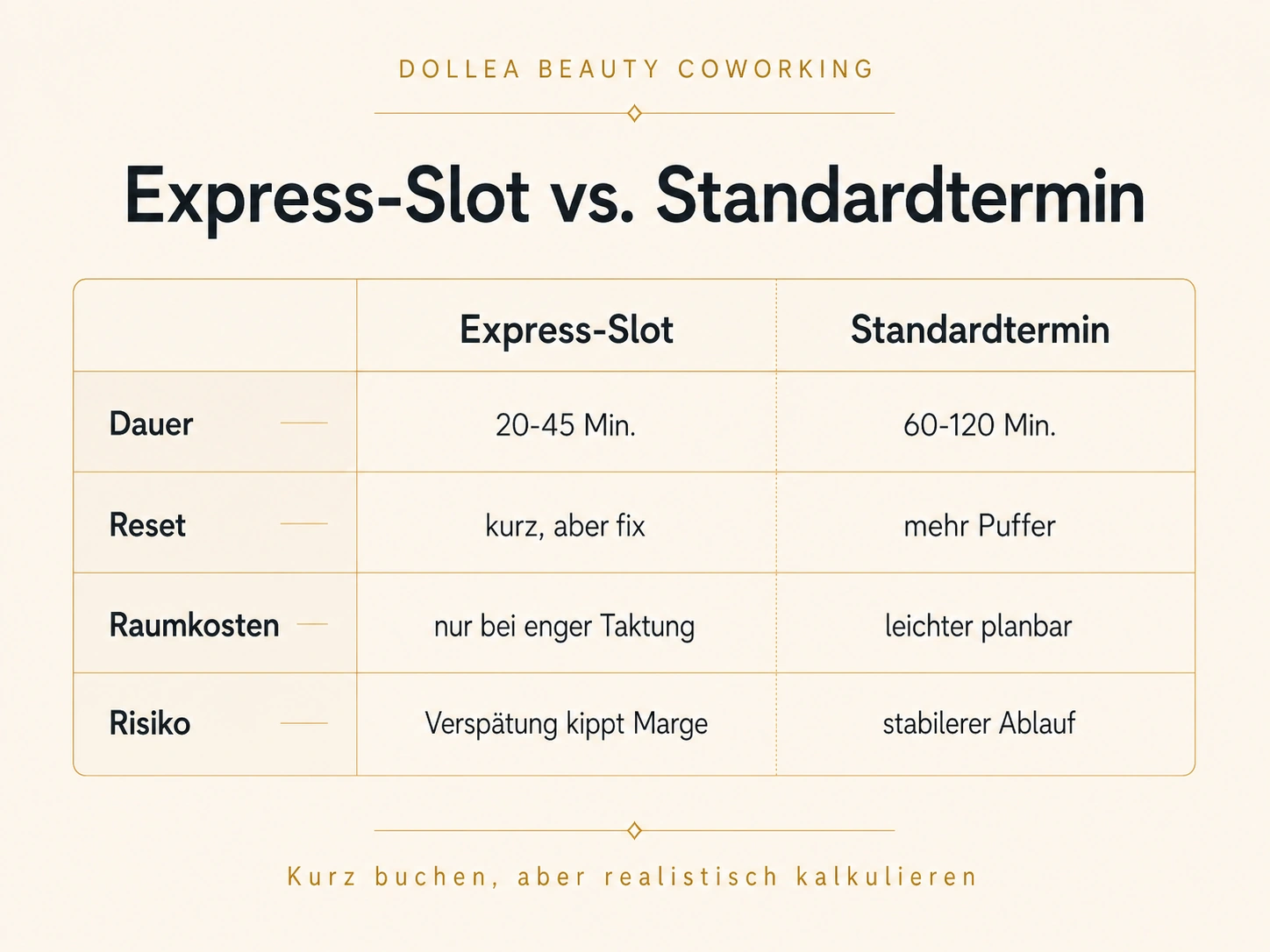 Typografischer Vergleich von Express-Slot und Standardtermin mit Dauer, Raumkosten, Reset-Zeit und Risiko