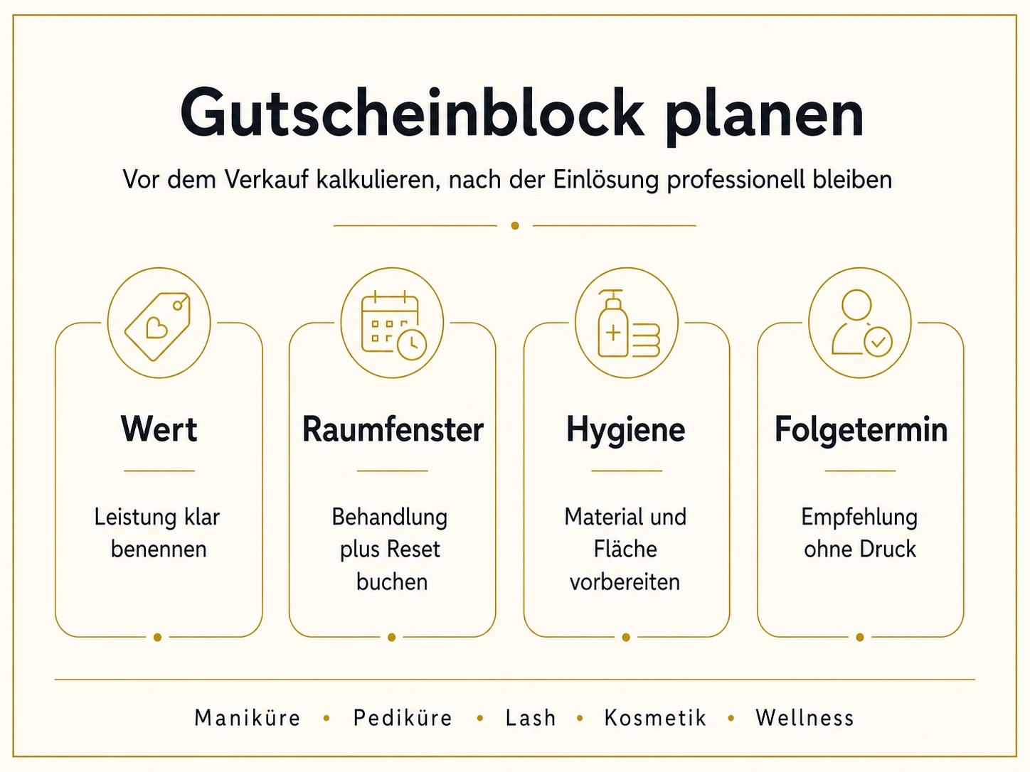 Infografik für Gutscheintermine mit Gutscheinwert, Raumfenster, Hygiene-Reset und Folgetermin bei Dollea in München