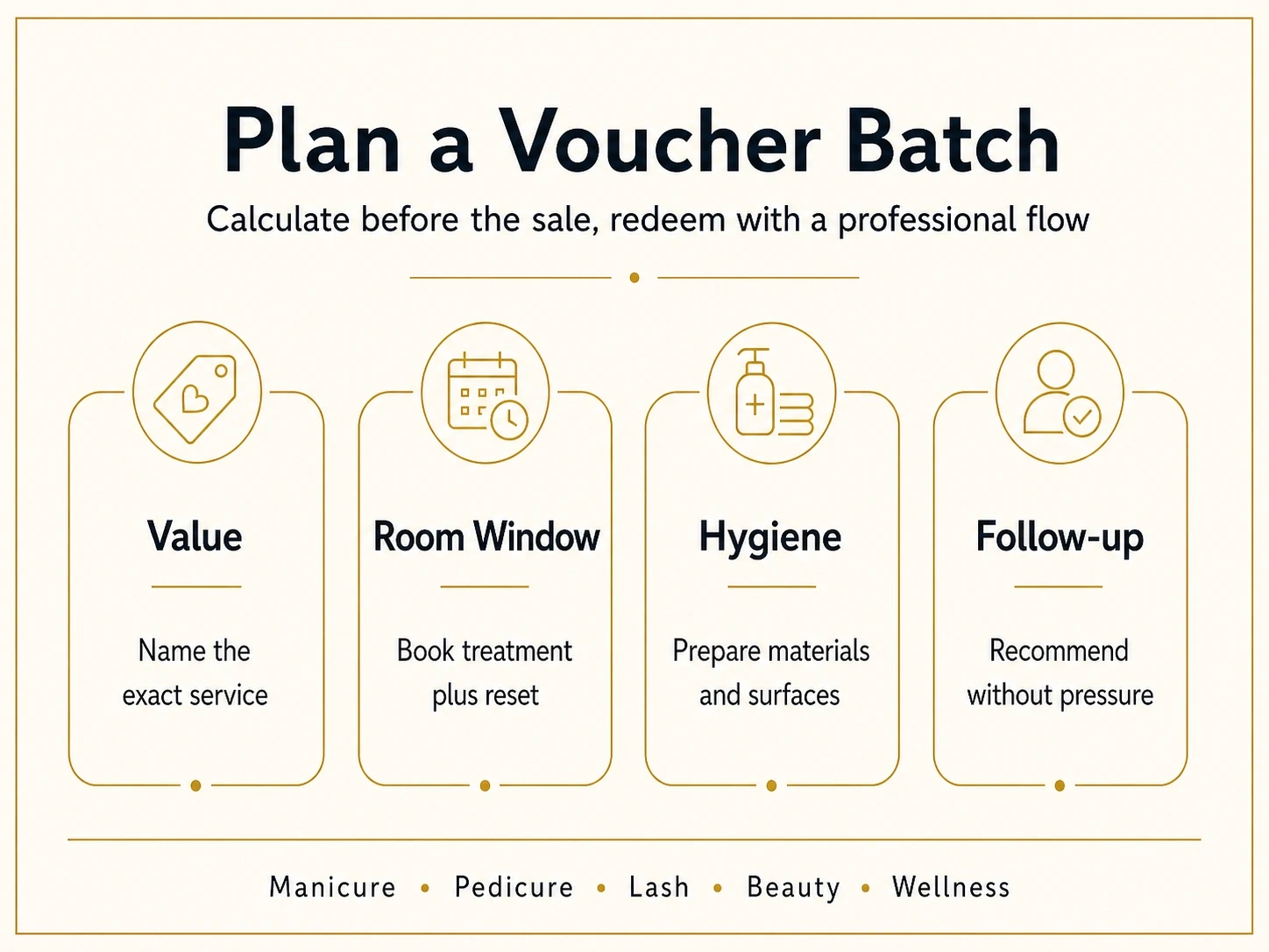 Infographic for beauty voucher appointments showing voucher value, room window, hygiene reset and follow-up booking at Dollea in Munich