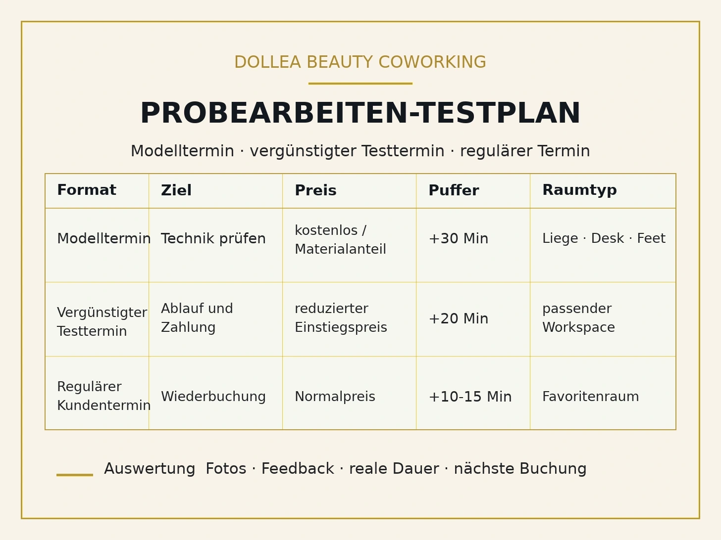 Typografische Dollea Infografik mit Testplan für Modelltermin, vergünstigten Testtermin und regulären Kundentermin