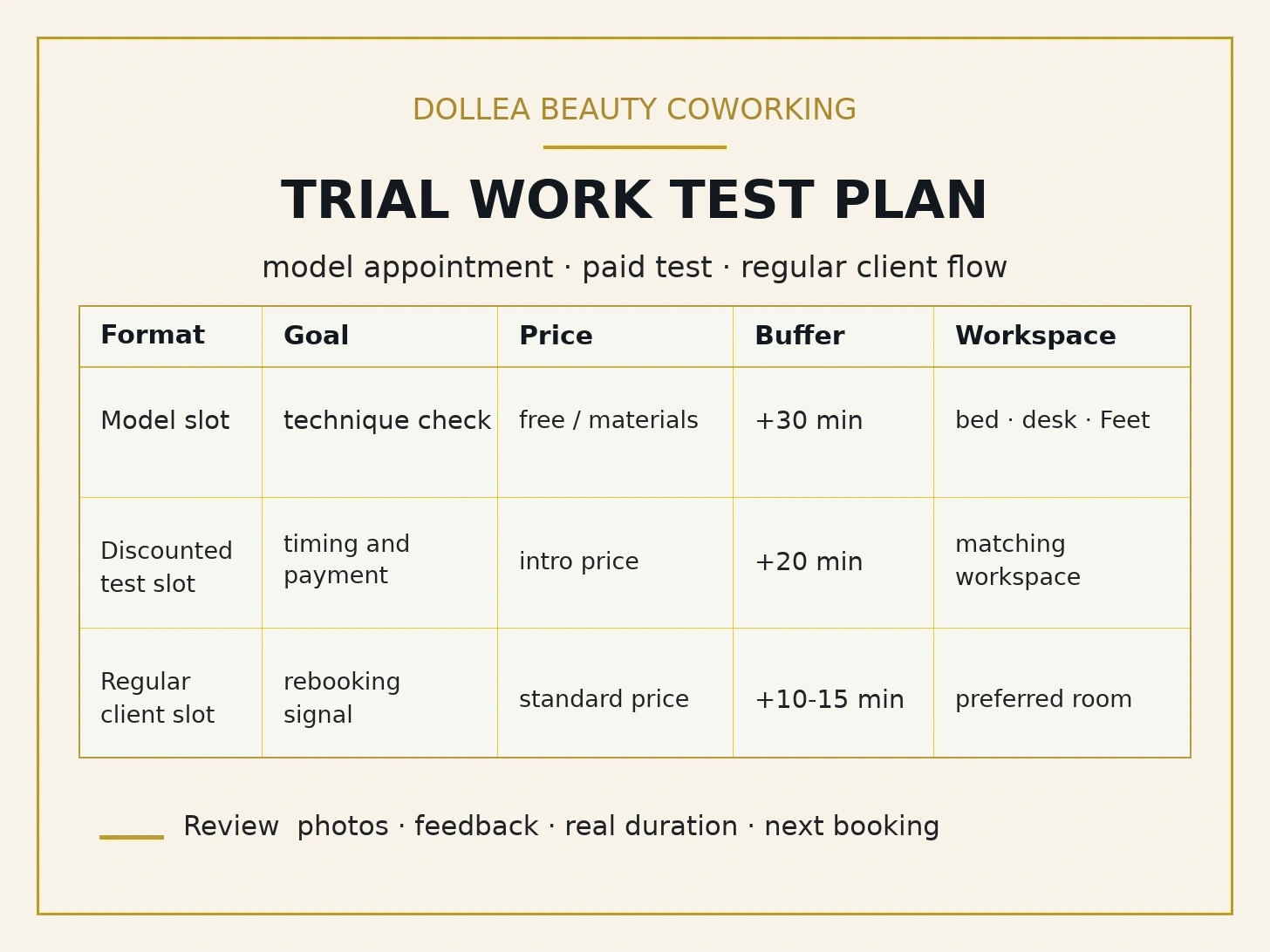 Typographic Dollea infographic with trial work test plan comparing model appointment, paid test and regular client slot