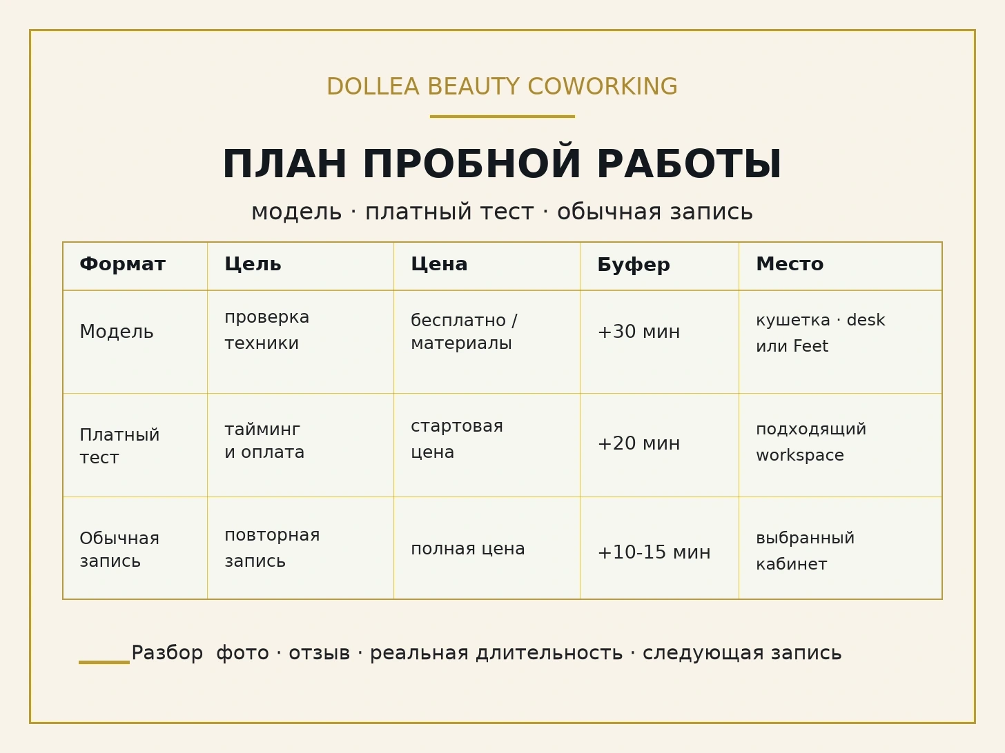 Типографическая инфографика Dollea с планом пробной работы для модели, платного теста и обычной записи
