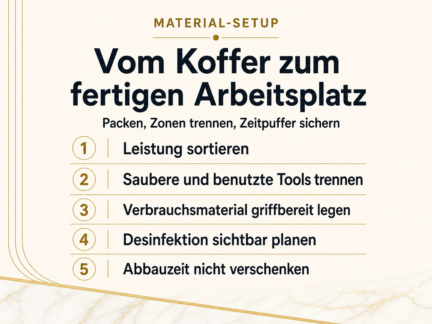 Typografische Material-Setup-Checkliste für Beauty-Profis mit fünf Schritten vom Koffer zum fertigen Arbeitsplatz