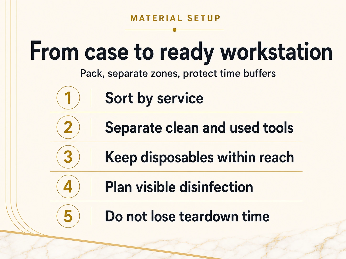 Typographic material setup checklist for beauty professionals from case to ready workstation