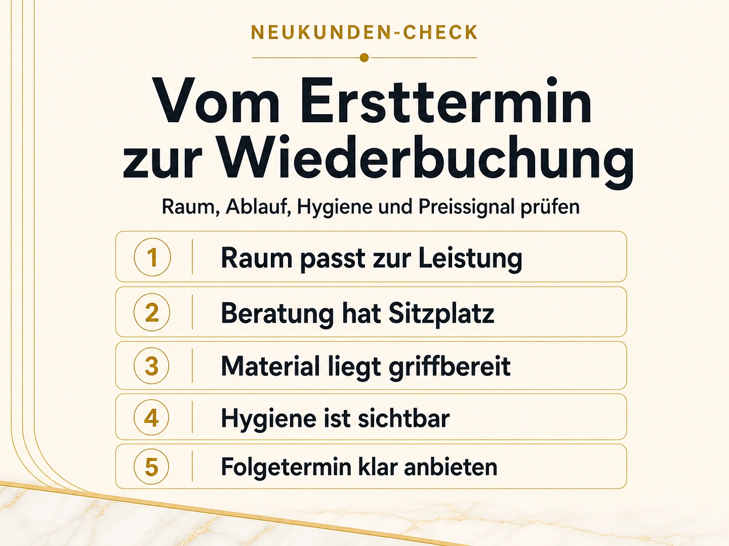 Typografische Neukunden-Checkliste für Raumwahl, Beratung, Material, Hygiene und Folgetermin bei Dollea München