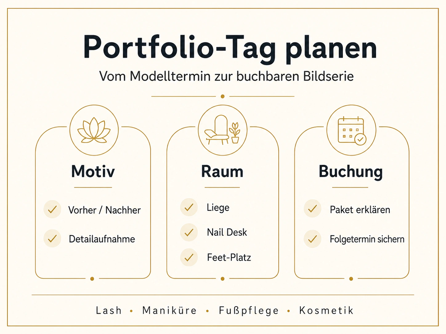 Typografische Infografik Portfolio-Tag planen mit Motiv, Raum und Buchung für Lash, Maniküre, Fußpflege und Kosmetik