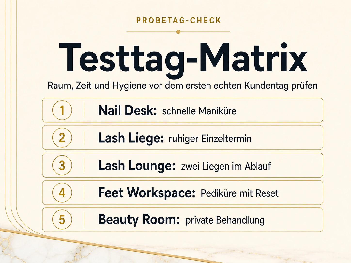 Typografische Testtag-Matrix für Nail Desk, Lash Liege, Lash Lounge, Feet Workspace und Beauty Room bei Dollea München