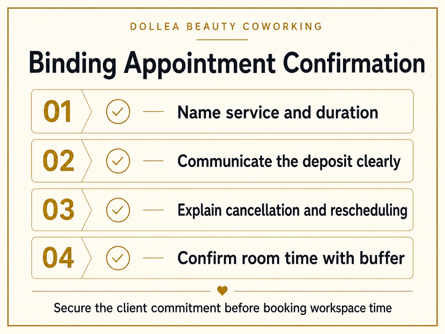 Typographic checklist for binding appointment confirmation before booking beauty workspace time