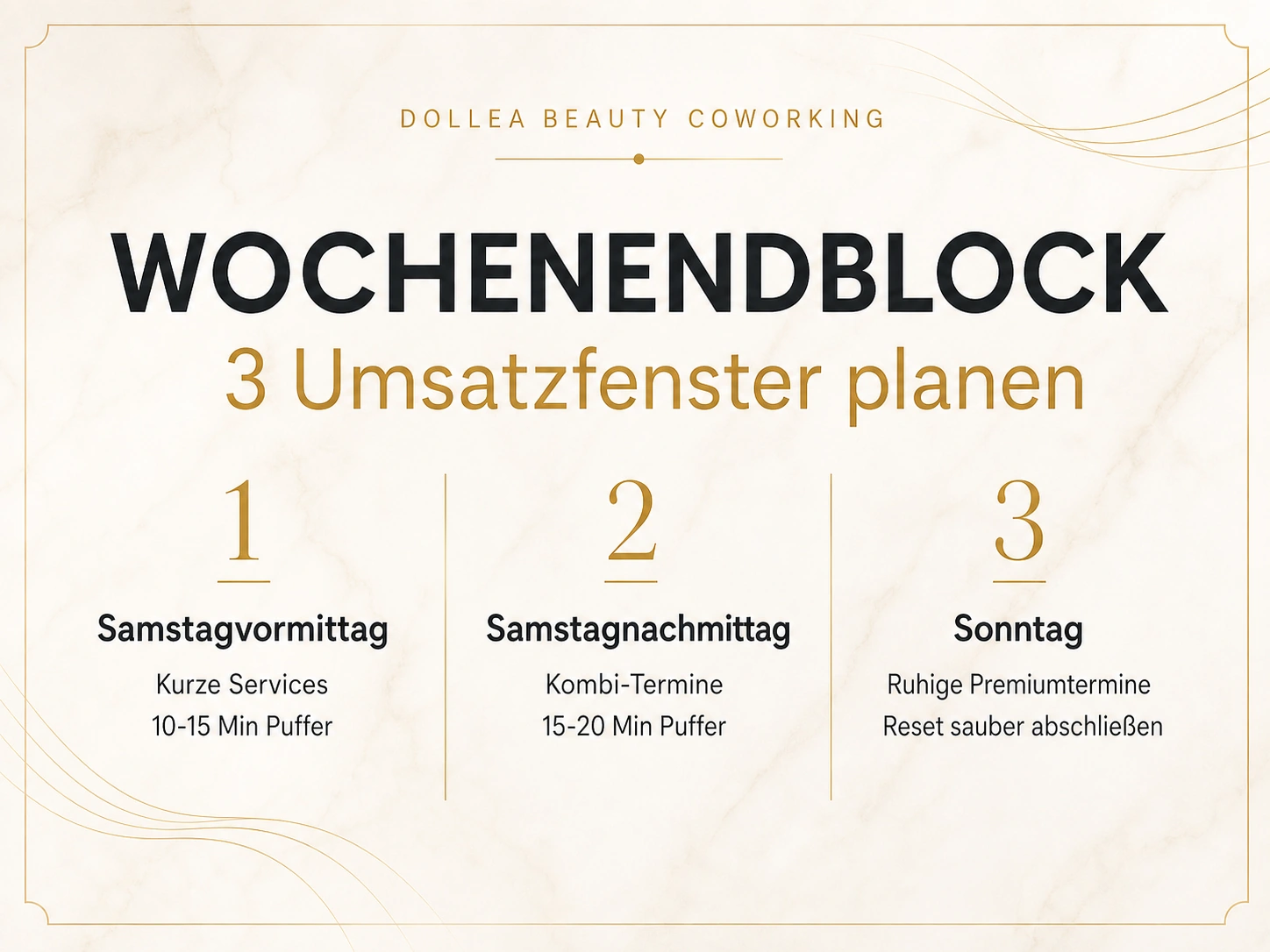 Typografische Infografik für Beauty-Profis mit drei Umsatzfenstern für Samstagvormittag, Samstagnachmittag und Sonntag