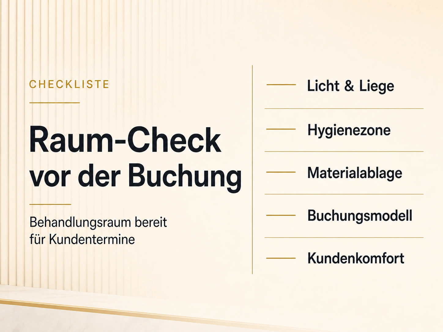 Elegante Checkliste Raum-Check vor der Buchung für einen Behandlungsraum in München