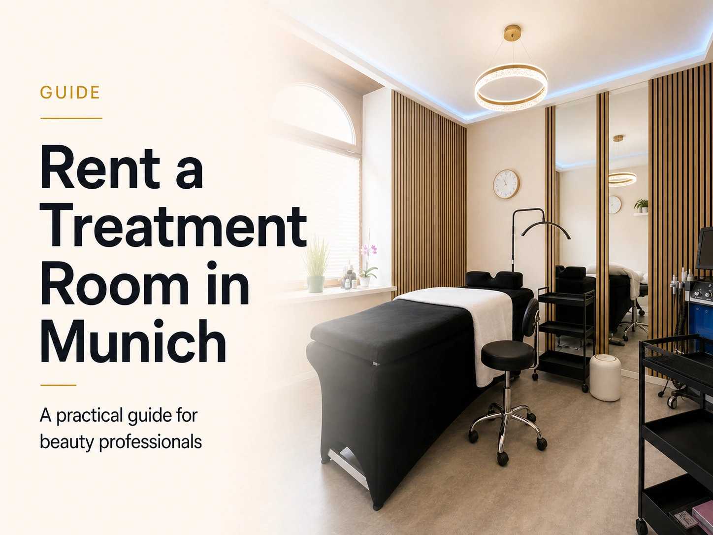 Bright Dollea treatment room in Munich with couch and headline Rent a Treatment Room in Munich for beauty professionals