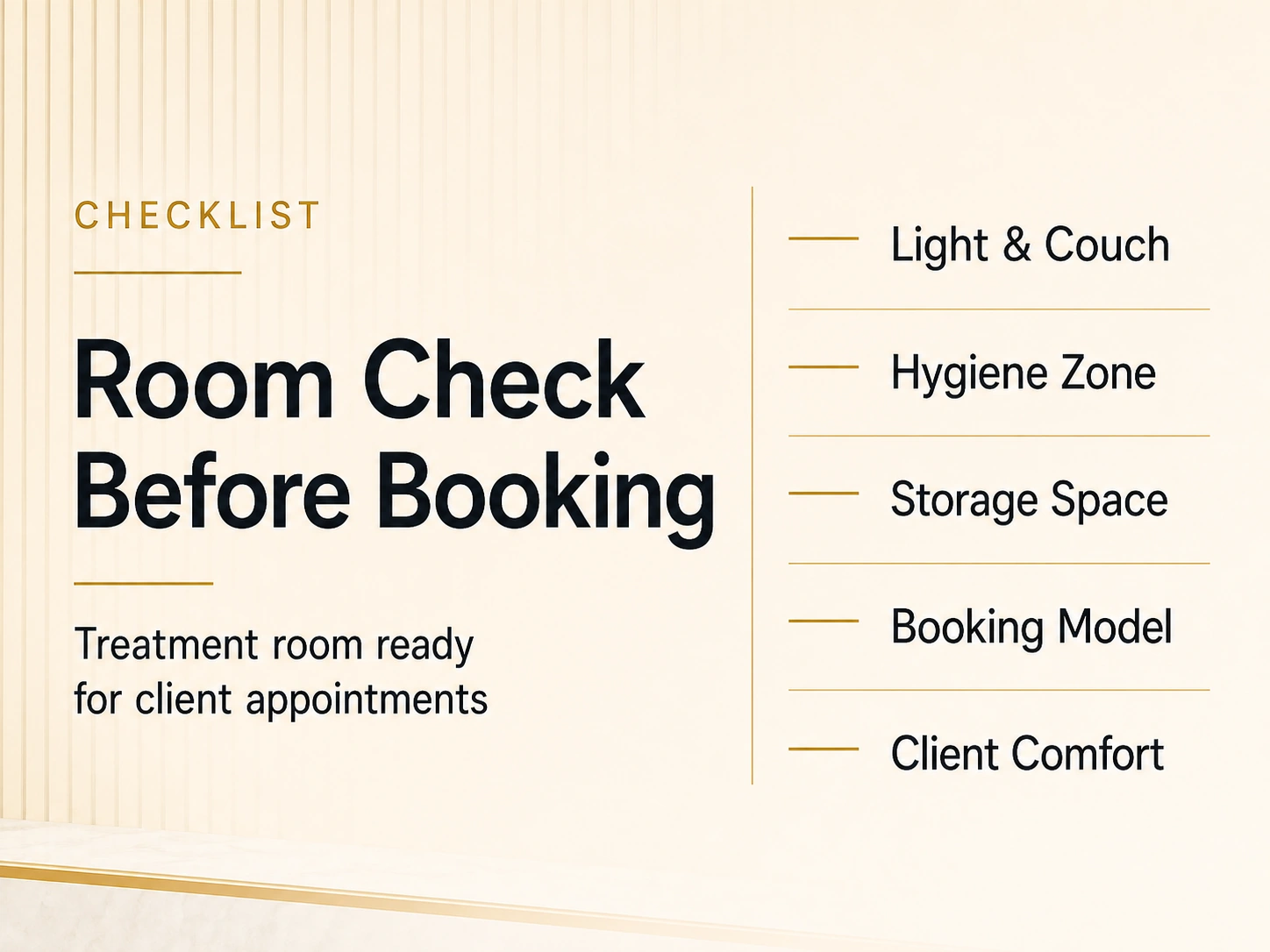 Elegant room check infographic before booking a treatment room for client appointments
