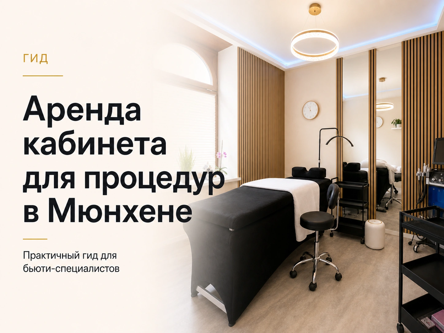 Светлый процедурный кабинет Dollea в Мюнхене с кушеткой и заголовком об аренде кабинета для процедур