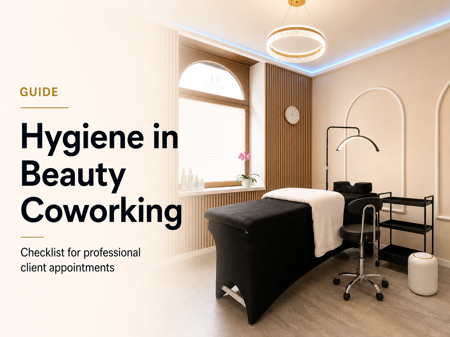 Dollea Beauty Coworking treatment room in Munich with title Hygiene in Beauty Coworking