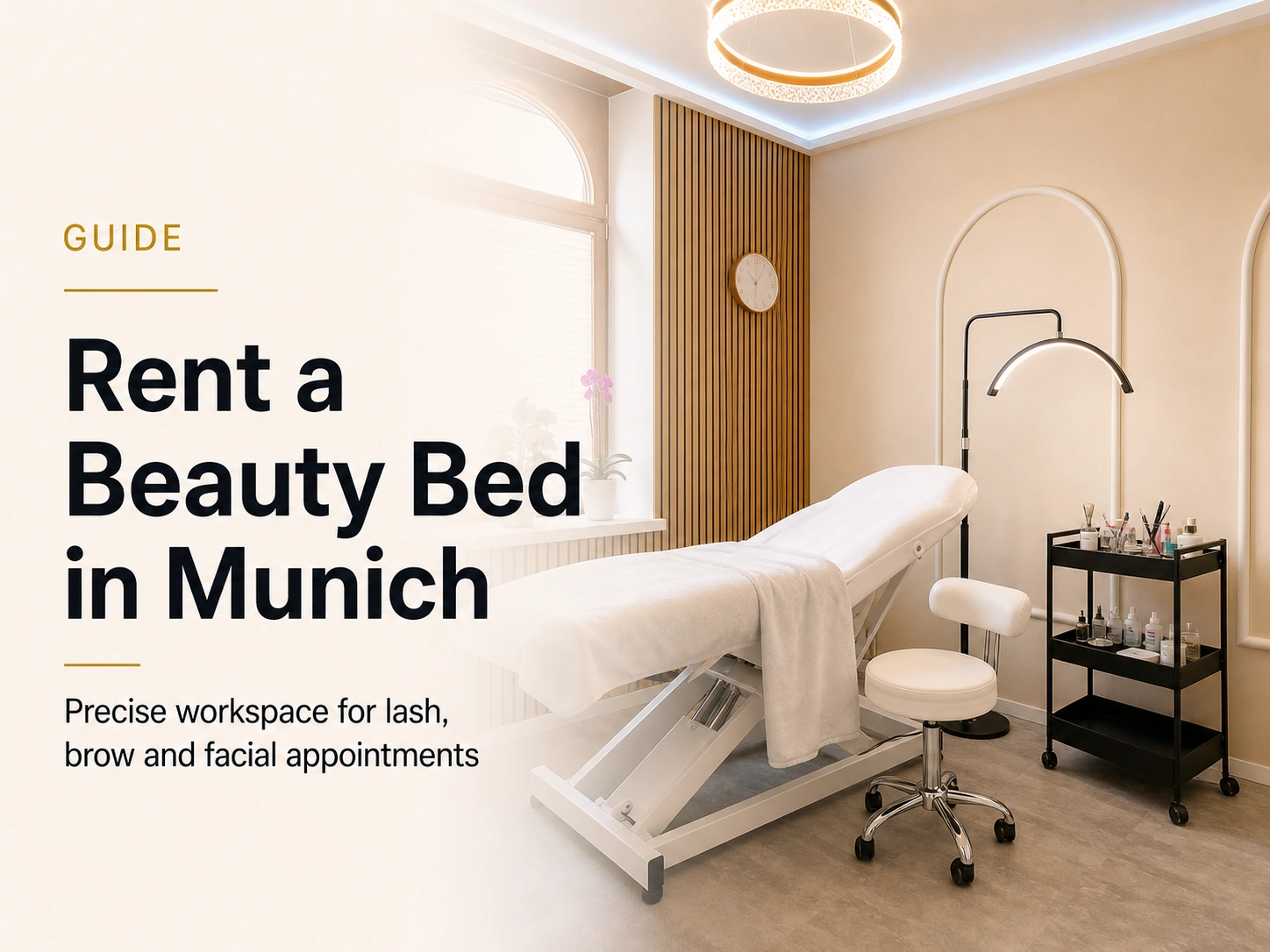 Dollea beauty bed workspace in Munich with title Rent a Beauty Bed in Munich for lash, brow and facial appointments