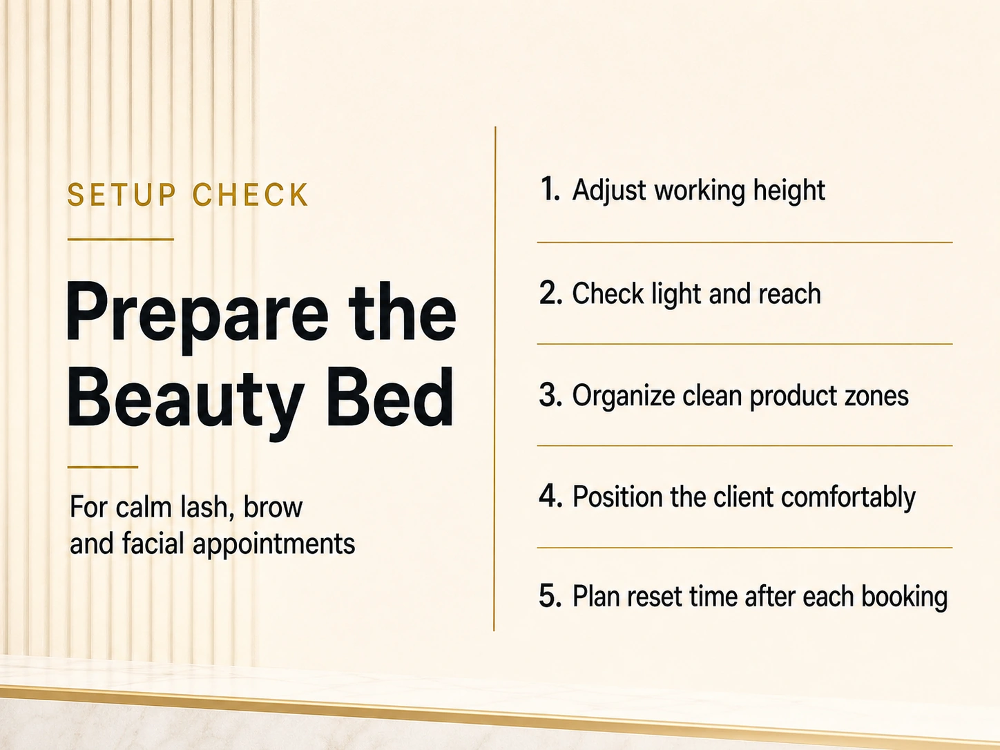 Beauty bed setup checklist for calm lash, brow and facial appointments