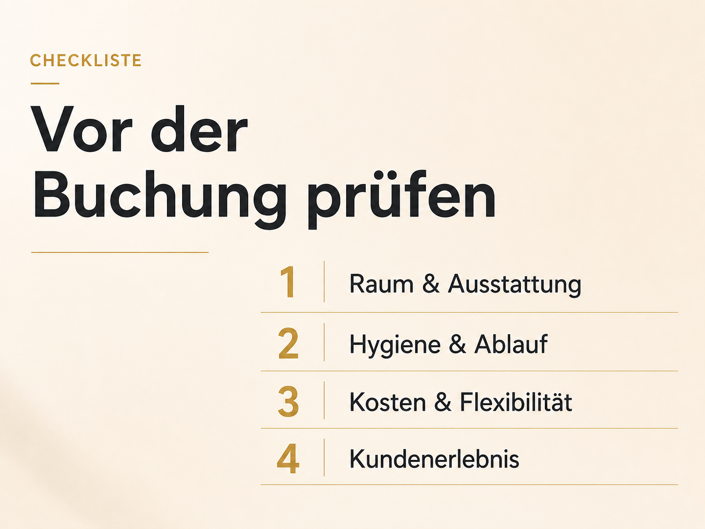Elegante Checkliste vor der Buchung eines Kosmetikraums mit Raum, Hygiene, Kosten und Kundenerlebnis.