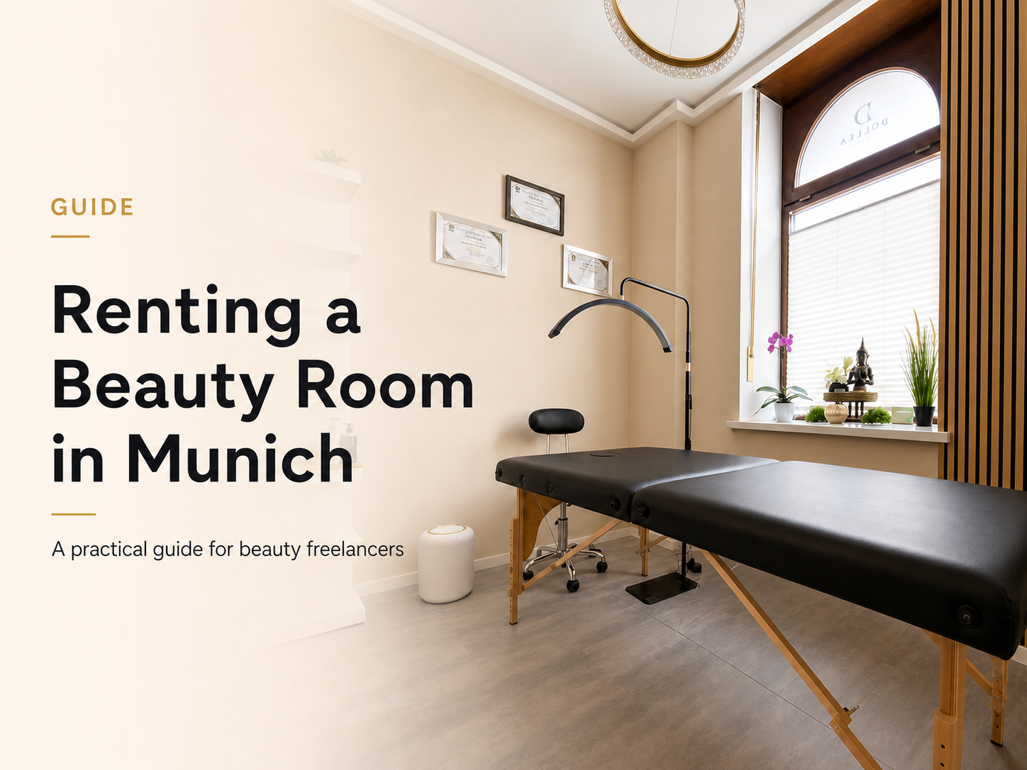 Dollea Beauty Room 1 with treatment bed and arched window as the hero image for renting a beauty room in Munich.