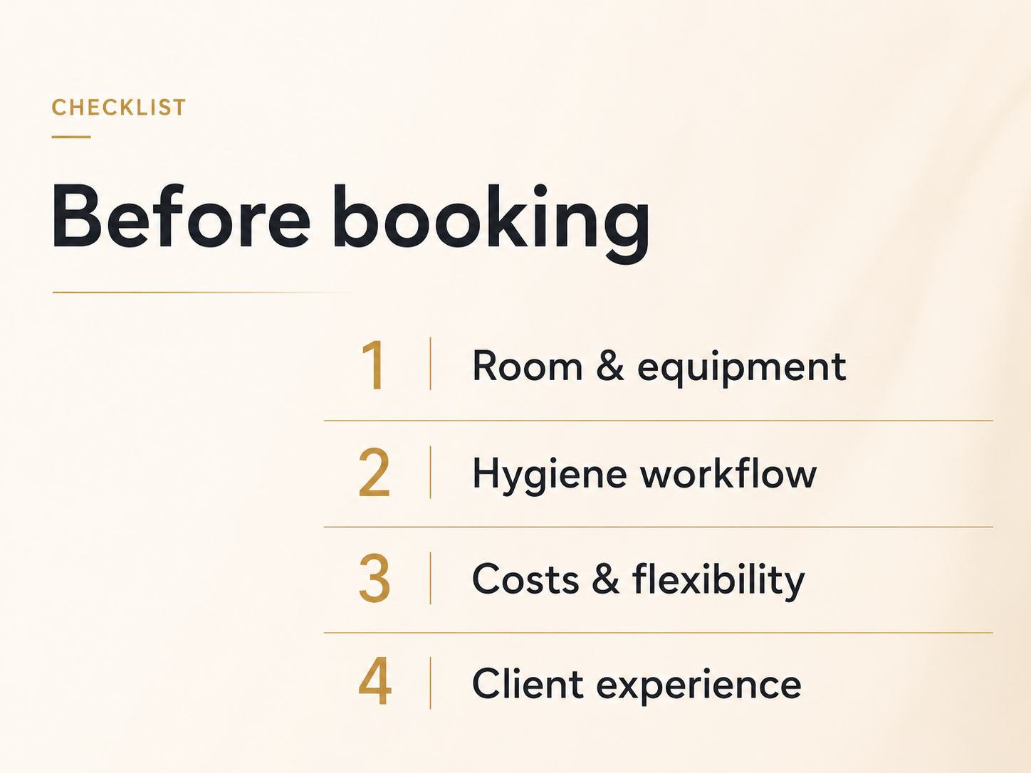 Elegant booking checklist for a beauty room covering room equipment, hygiene workflow, costs and client experience.