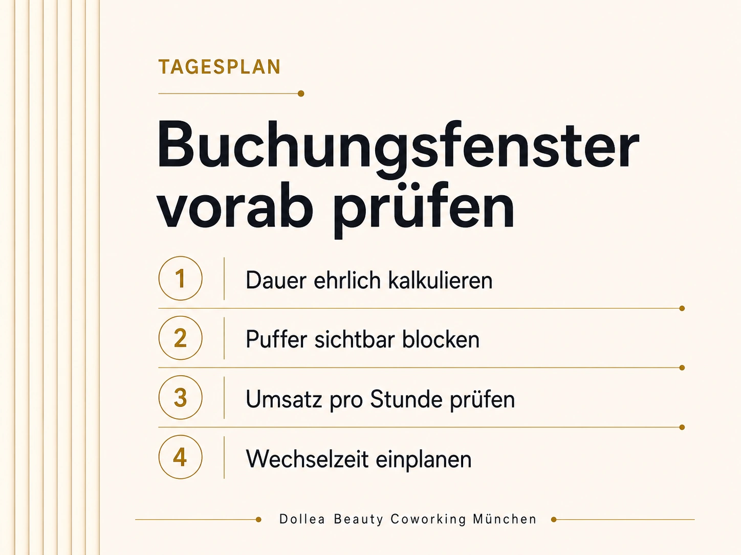 Typografische Tagesplan-Infografik für Beauty-Profis mit Dauer, Puffer, Umsatz und Wechselzeit