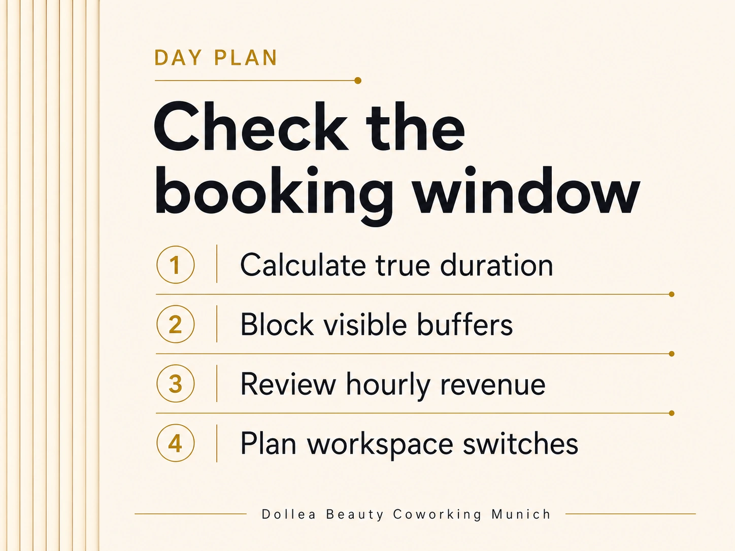 Editorial day plan infographic for beauty coworking booking windows, buffers and hourly revenue