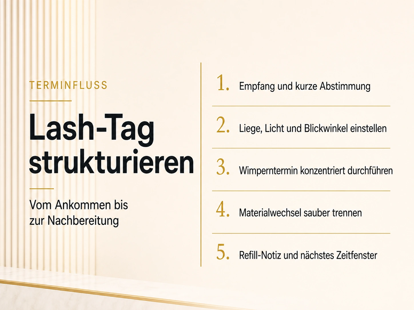 Terminfluss-Infografik für einen strukturierten Lash-Tag von Empfang bis Nachbereitung