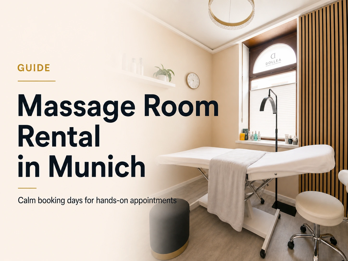 Dollea Beauty Room 2 in Munich with a white treatment bed and title Massage Room Rental in Munich for calm booking days