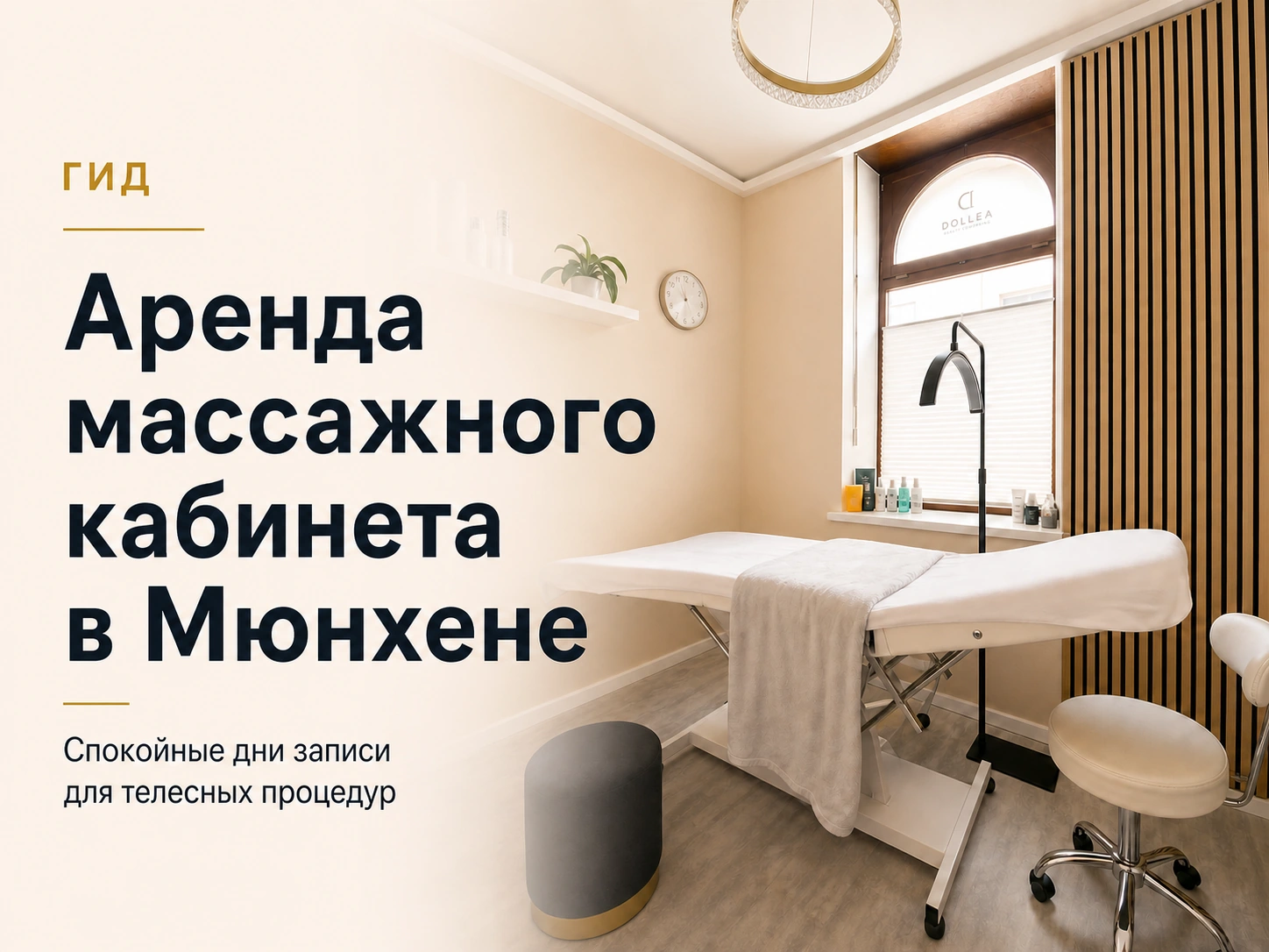 Beauty Room 2 Dollea в Мюнхене с белой кушеткой и заголовком Аренда массажного кабинета в Мюнхене