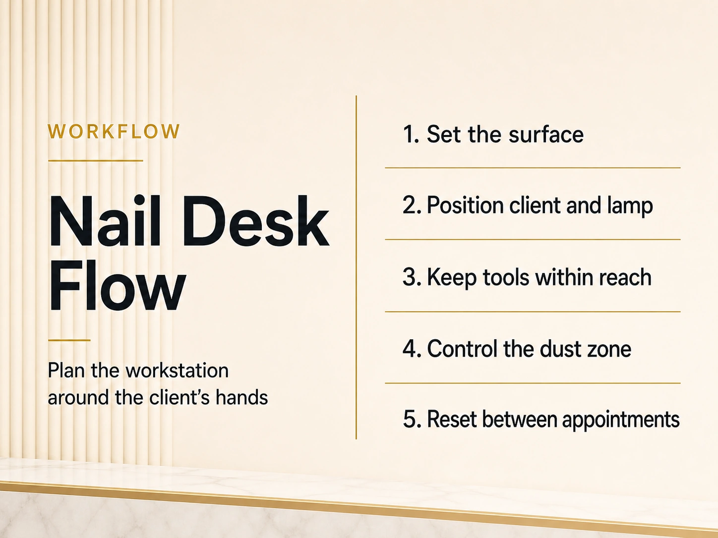 Nail Desk Flow infographic for planning a manicure workstation around the client’s hands