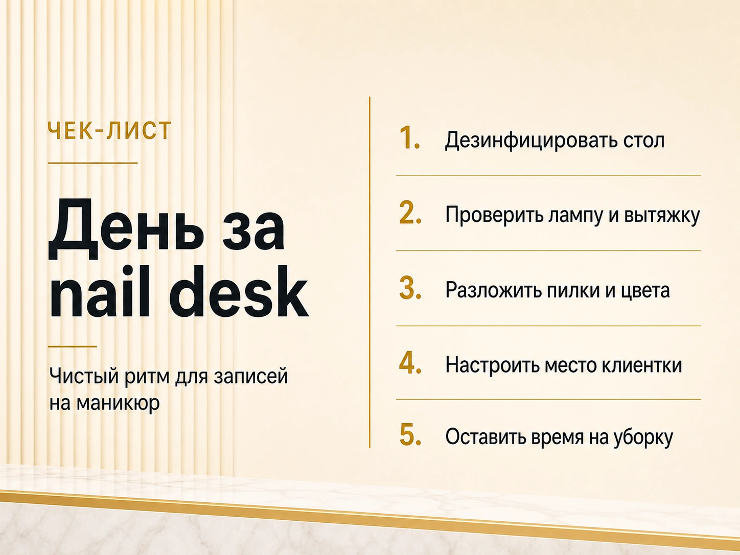 Чек-лист для дня за nail desk с подготовкой рабочего места для маникюра