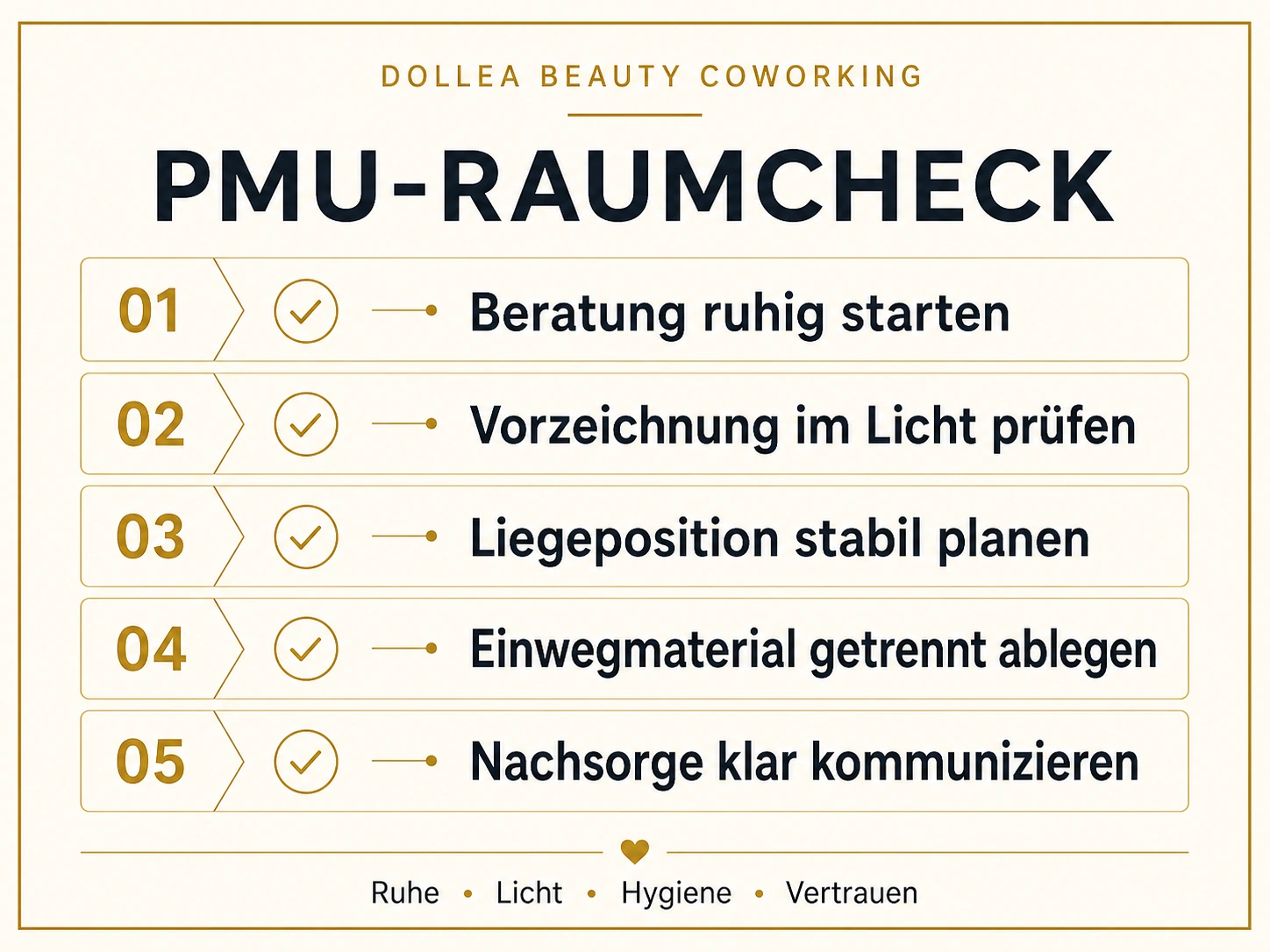 Typografischer PMU-Raumcheck für Dollea Beauty Coworking mit Beratung, Vorzeichnung, Liegeposition, Einwegmaterial und Nachsorge-Kommunikation
