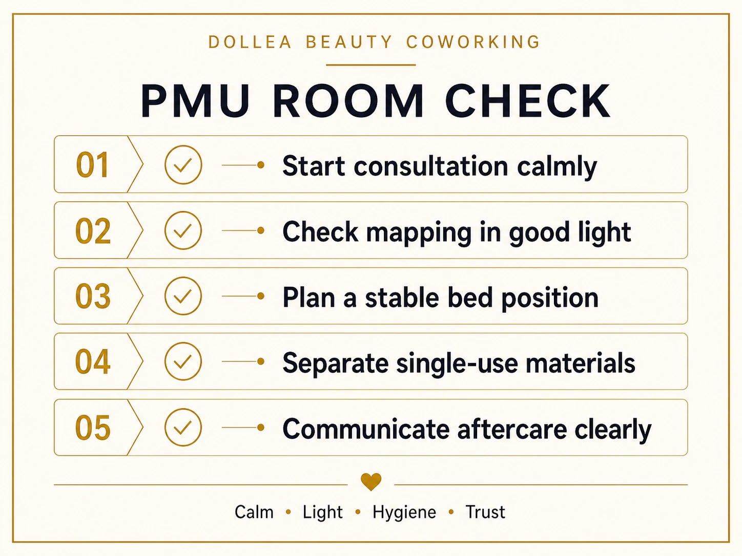 Typographic PMU room check for Dollea Beauty Coworking with consultation, mapping, bed position, single-use materials and aftercare communication